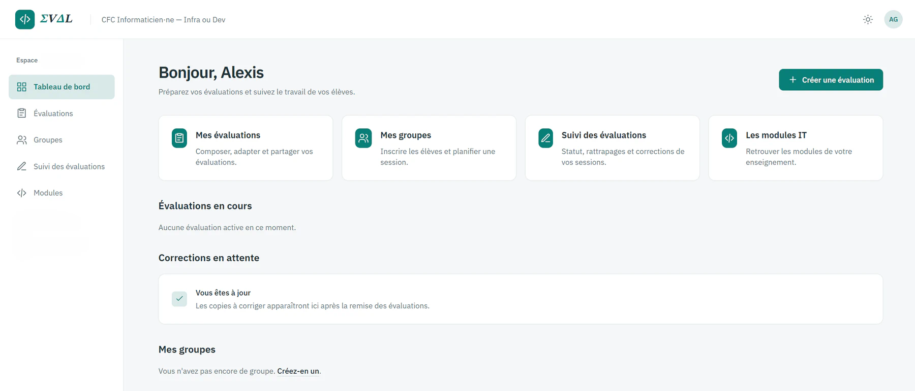Eval teacher dashboard: assessments, groups, tracking, and modules, with no student records displayed
