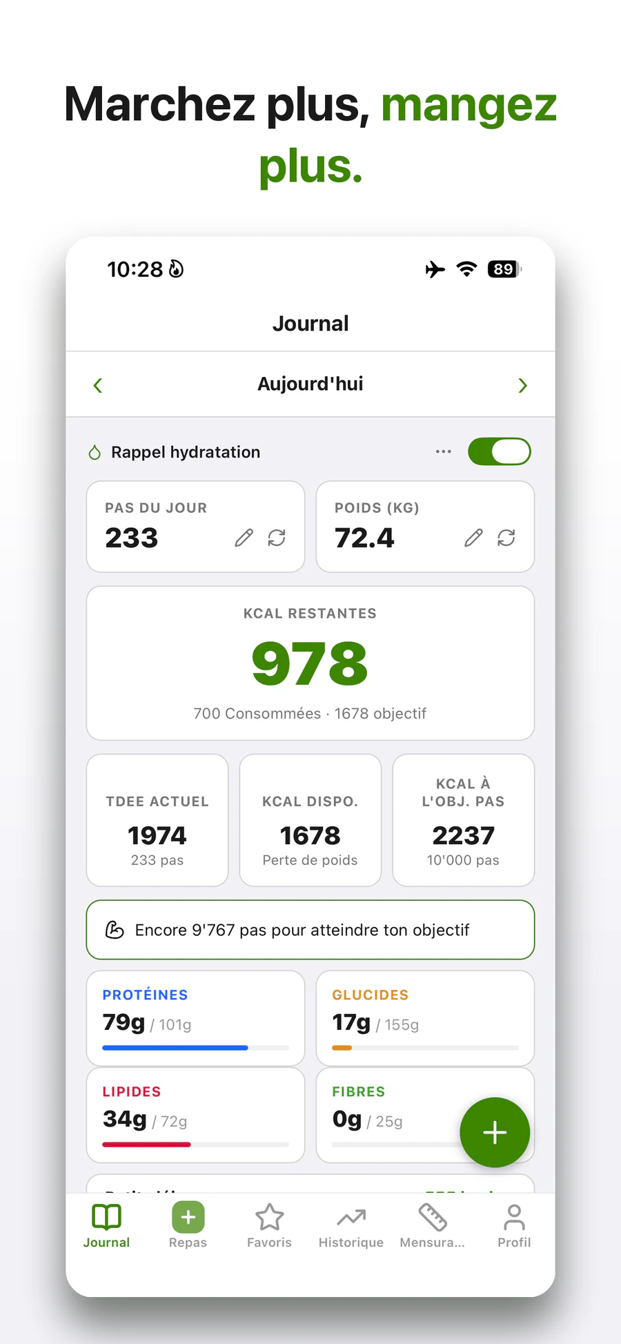 The META daily journal: steps, weight, calories, and macronutrients